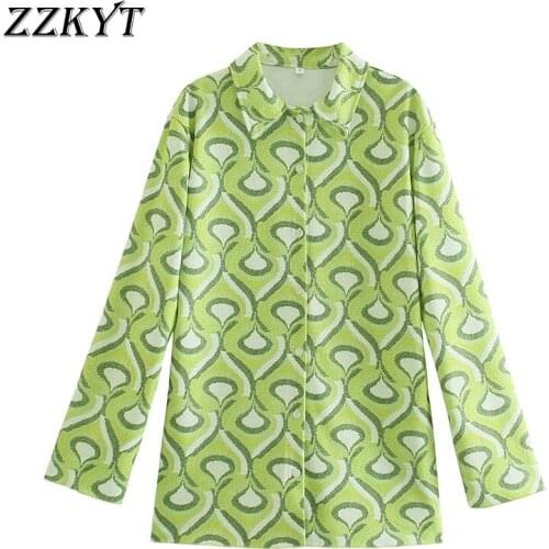 ZZKYT 2021 Women Autumn Fashion Geometric Print Blouses Vintage Lapel Collar Long Sleeve Button Female Shirts Casual Chic Tops