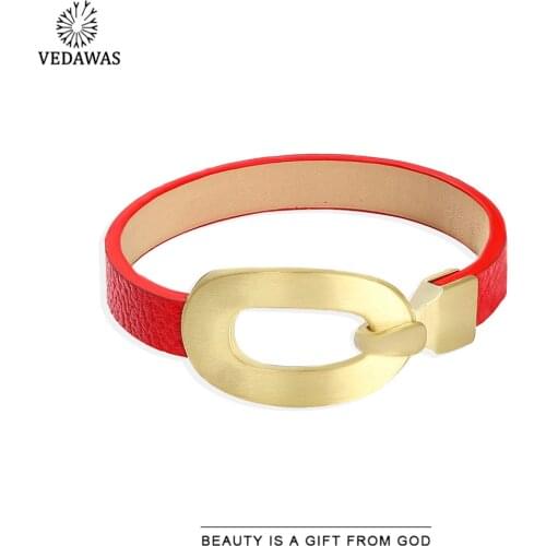 Vedawas Fashion Metal PU Leather Bangles Bracelet For Women Classical Gold Color Buckle Bracelet Show Girlfriend Gift Jewelry