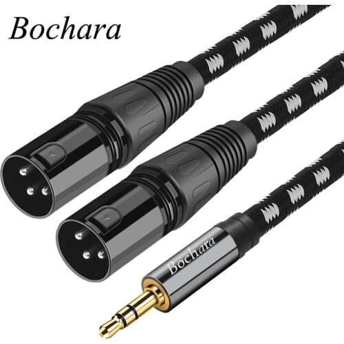 Bochara Braided Dual XLR Male to 3.5mm Stereo Jack Male OFC Aux Audio Cable Foil and Braided Shielded
