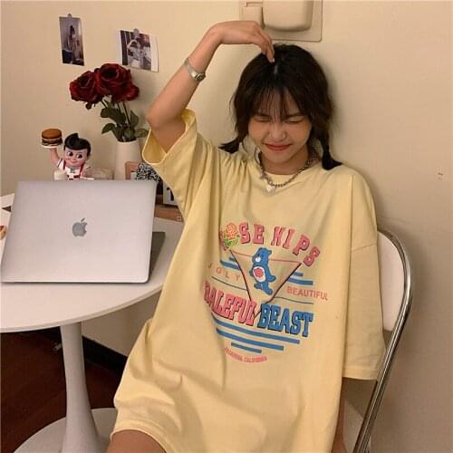Summer T-shirt cartoon printing new mid-length loose short-sleeved casual all-match college style T-shirt women