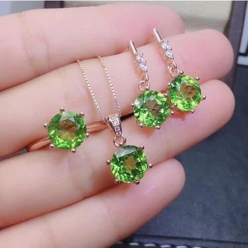 Fashion round Natural 8*8mm green peridot gem S925 silver ring pendant earrings natural gemstone Jewelry Set girl party jewelry