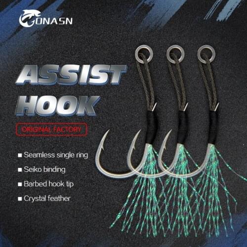ONASN 10pcsLot Fishing Hooks Metal Jig Assist Hook With PE Line Feather Solid Ring Jigging Spoon Sea Fishhook for 5-80g Jig Lure