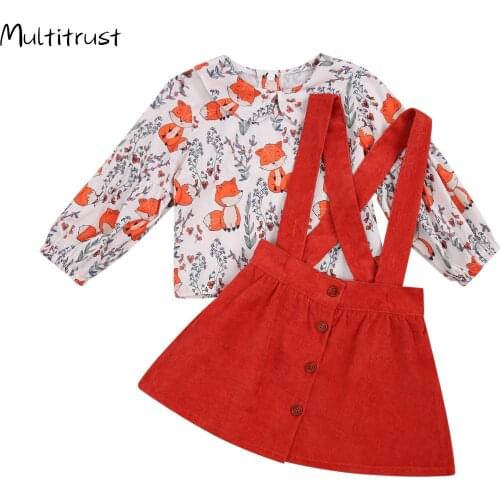 2020 Autumn Princess Baby Girls Clothes Set Cartoon Print Peter Pan Collar Pullover T Shirts +Bib Solid Strap Dress 2PCS 0-5Y