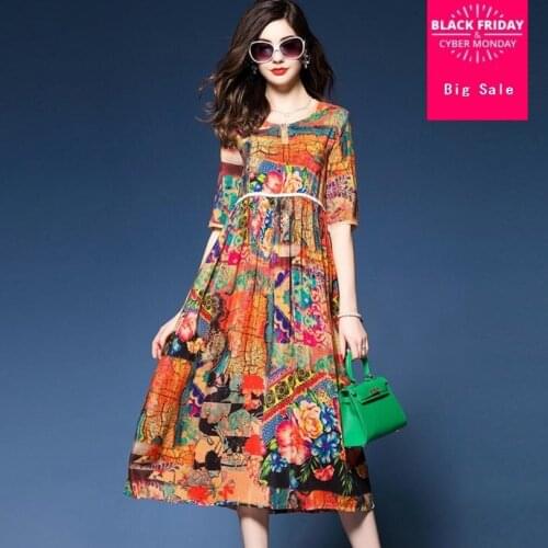 Plus Size 3XL women 2018 summer loose casual long dresses print vintage dress female sundress high waist half sleeve dress L360
