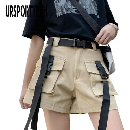 2020 Summer High Waist Cargo Shorts Women Buckle Ribbon Pockets Khaki Korean Street Style Cotton Short Feminino Cargo Shorts