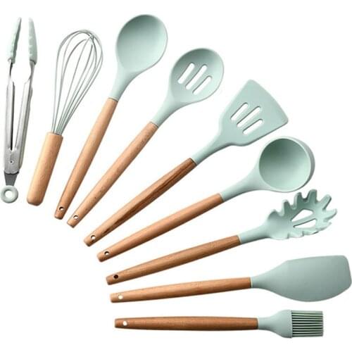 1PC Silicone Wood Handle Soup Spoon Spatula Brush Scraper Pasta Server Egg Beater Kitchen Cooking Tools Kitchenware Green/Gray