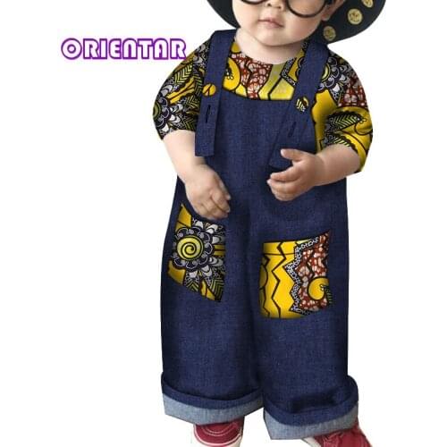 Cute 2 Pieces Sets Kids Clothing Tops and Pants African Print Cowboy Rompers Fashion Children Shirt Pants Set Bazin Riche WYT33