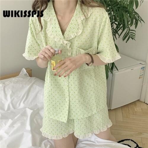WIKISSPJS 2021 Summer New Ruffle Plaid Dot Cute Cardigan Wave Dot Home Suit Women Sleepwear Sleep Tops Lounge Wear Bedroom Set