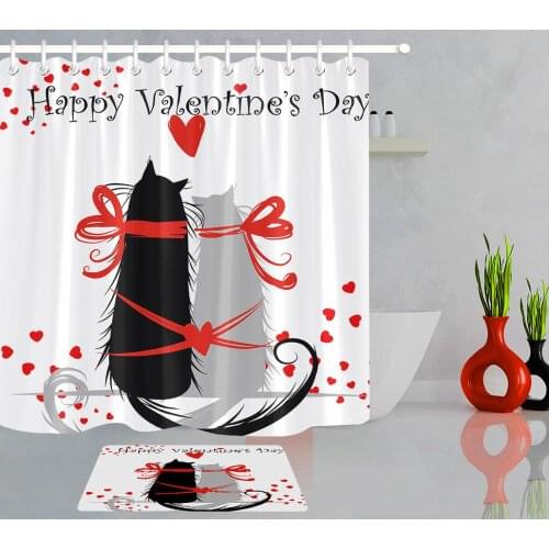 Happy Valentines Day Shower Curtains Couple Cartoon Cat Bathroom Shower Curtain Durable Waterproof Shower Curtain with 12 Hooks