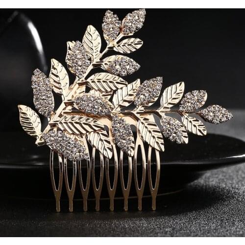 Gold Color Alloy Leaf Hair Comb Crystal Hair Combs Bride Headdress Prom Party Wedding Women Head Hair Accessories Hair Pins