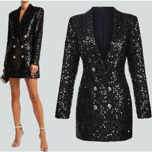 Jacket Women Sexy Elegant Long Black Sequin Beading Blaser Female Runway Designer Outwear Stage Blazer Slim Chic Top 2020
