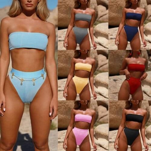 Womens Sexy 2 Piece Bikini Set Strapless Bandeau Tube Top Removable Pad Swimsuit High Waist Thong Solid Color High Cut Suit