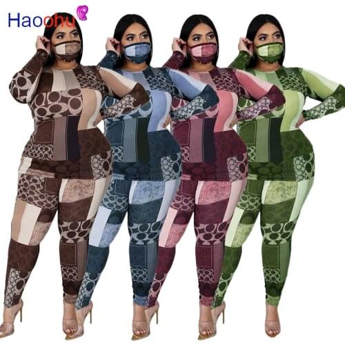 HAOOHU Plus Size L-5XL Print Womens suit Tracksuits Long Sleeve Tops Pants Two Piece Set Outfits Matching Set NO MASK