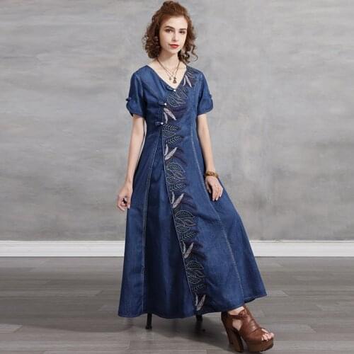 QPFJQD Ladies Embroidery Denim Dress V-Neck Short Sleeve Button Solid Color 2021 Summer Autumn Women Zipper Dresses Patchwork