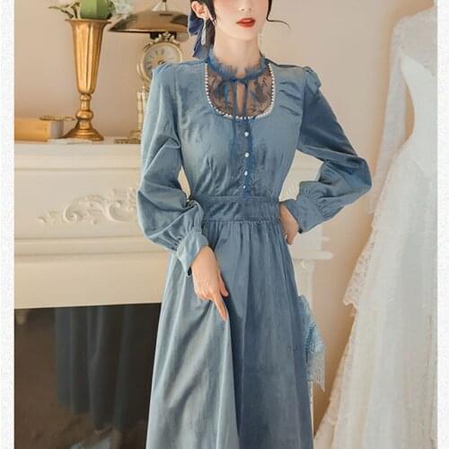 Fashion Dresses Female Mesh Embroidery Stitching Stand Collar Beaded Chic Long Sleeve Ropa mujer Elegant Robe Femme Dress Fall26