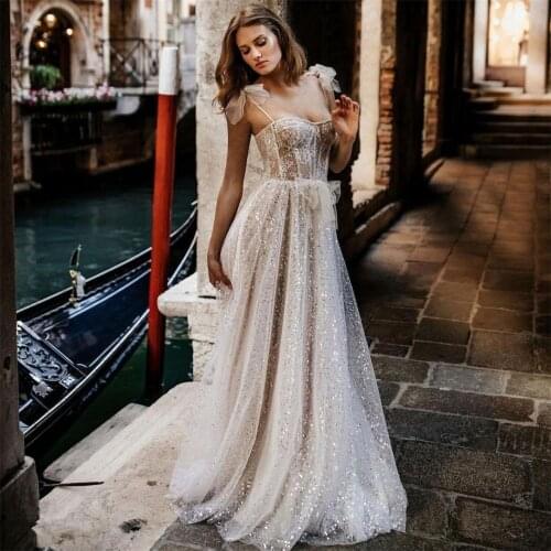 A Line Boho Wedding Dress Backless Illusion Sequins Bridal Gowns Custom Made Summer Beach vestido de novia
