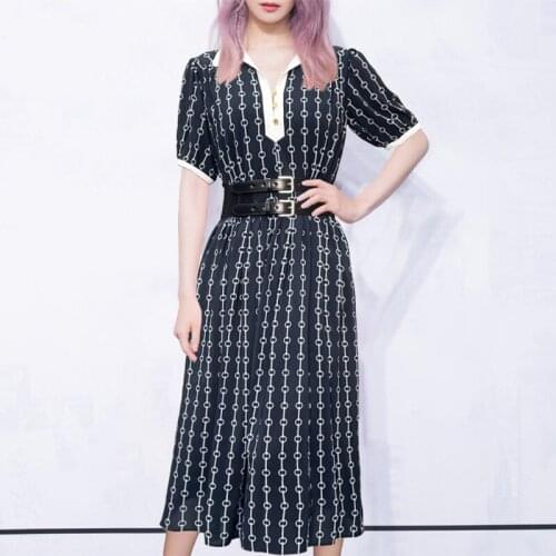 2021 Summer Spring Vintage Dress Women Printed Button with Belt Short Sleeve A-Line Slim Elegant Dresses