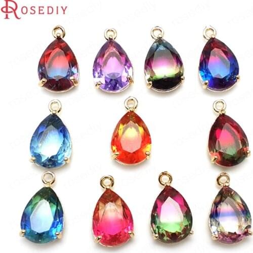 C478)6 pieces 18x10mm 24K Champagne Gold Color Brass + Glass Colorful Rainbow Style Drop Shape Charms Pendants Diy Accessories