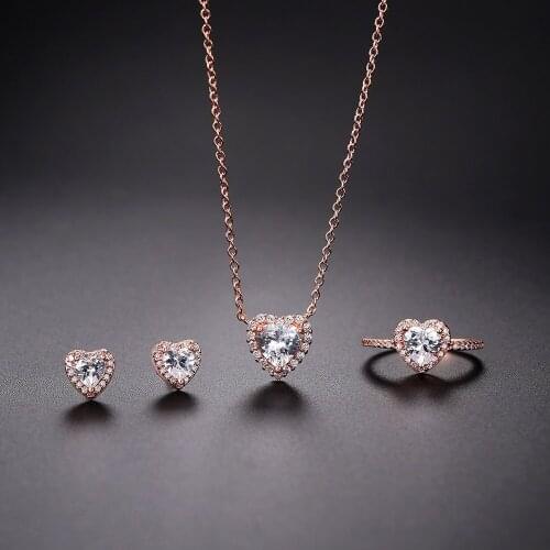 Europe and America Classic Luxury Shiny Zircon Heart Necklace Ring Earring For Women Temperament Fashion Jewelry Gift Three Set