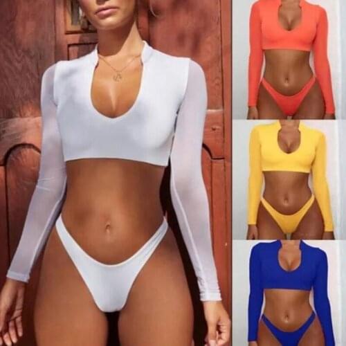 4-Color Sexy Women Summer Swimsuit Bikini Sunscreen Long-Sleeved Low-Cut Top Thong Two-Piece Beach Push-Up Plus Size Swimsuit