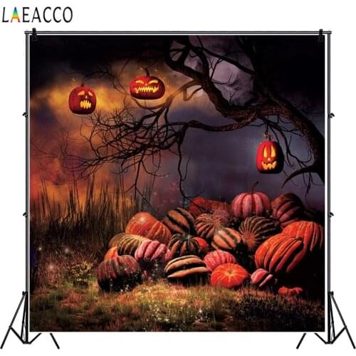 Laeacco Forest Trees Pumpkin Light Grassland Autumn Portrait Halloween Photophone Photography Backdrops Photographic Backgrounds