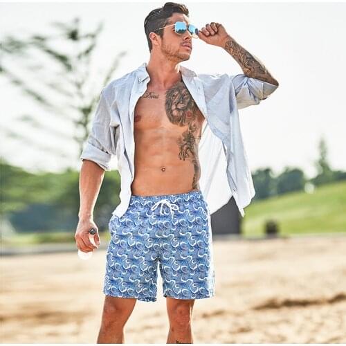WD946 summer cool blue wave print swimwear men leisure beach shorts panties quick dry board surfing shorts men swimsuit sunga