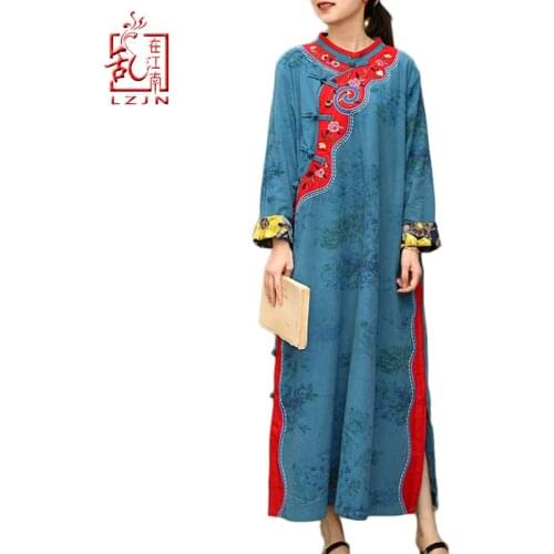 LZJN 2019 Women Fall Long Sleeve Dress Floral Embroidery Patchwork Traditional Women Dress Qipao Cheongsam Robe Chinoise Vestido