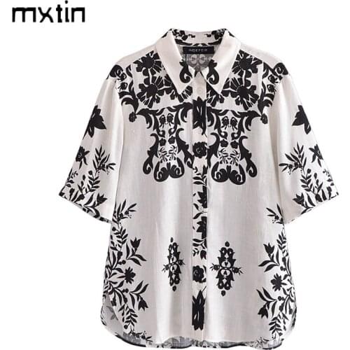 MXTIN 2021 Women Summer Vintage Floral Print Single Breasted Blouses Fashion Lapel Collar Short Sleeve Female Shirts Chic Tops