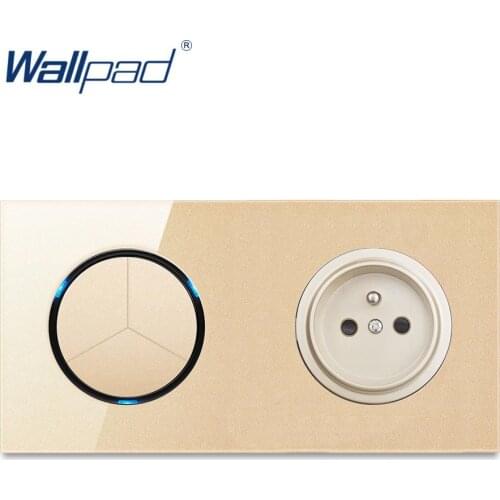Wallpad 3 Gang 2 Way With 16A EU French Wall Power Socket Outlet Gold Crystal Glass Panel Grounded