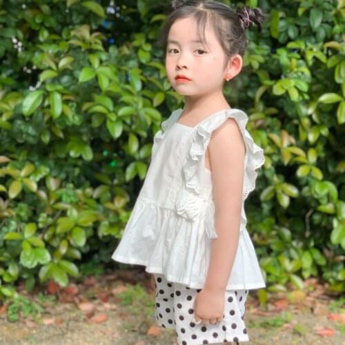 Summer New Kids Girls Fly Sleeve Top +Dotted Pants