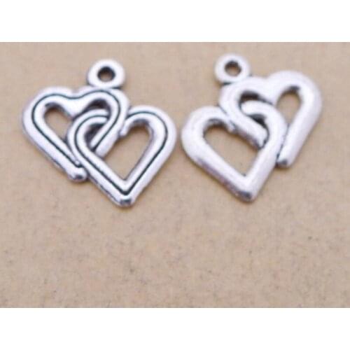 BULK 30 Eco-friendly Alloy Tibetan Silver Plated Double Heart Charms Pendants 18*18mm 0.9g