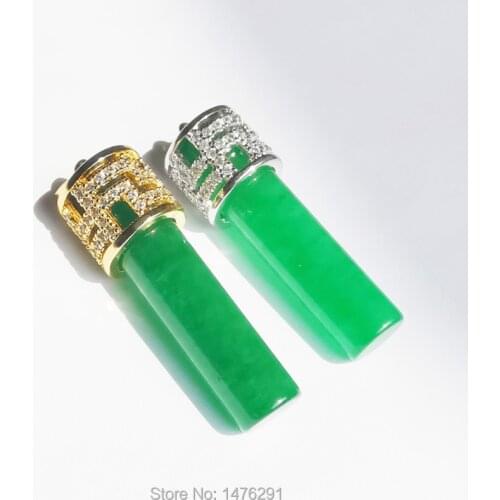 New Charm 35X8MM Green Jades Cylinder Column Stone Inlaid Rhinestone Hollow Cutting Pendant 1PCS
