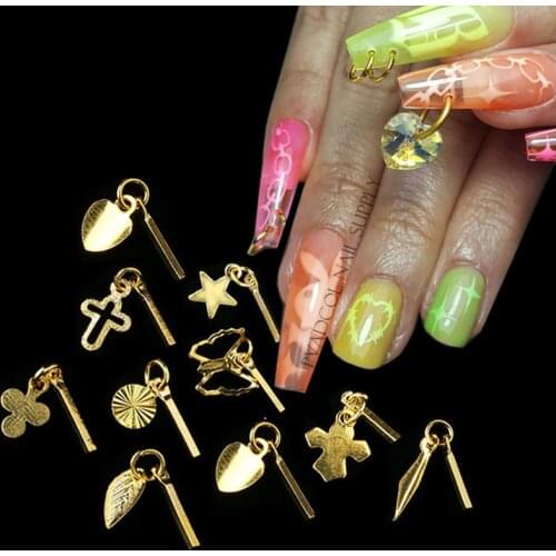 10pcs Mixed Gold Rhinestones Nail Charms Dangle Piercing Hand Drill Hole Acrylic Tips Decoration