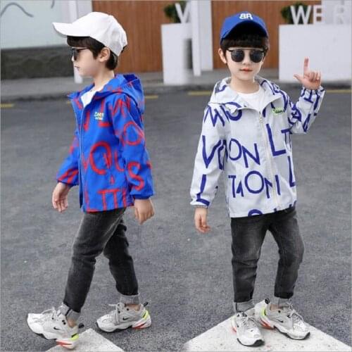 Spring 4-15Y Boys' Coat Windbreaker 2021 New Childrens Outerwear Hooded Printed Letters Jacket For Kids Trench Tops Clothes
