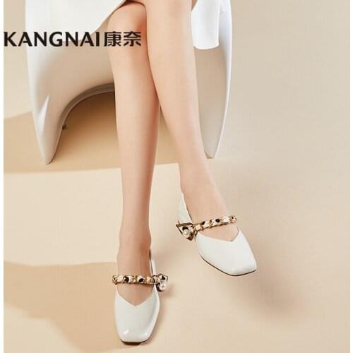 KANGNAI Flats Women Shoes Genuine Cow Leather Square Toe Pearl Chain Slip-On Elegant Ladies Ballet Shoes