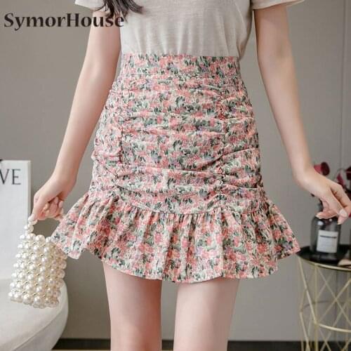 Women Mermaid Skirt 2021 New Fashion Vintage Floral prints Ruffles Black Short Skirt Package Hip Mini Pleated Skirts Female