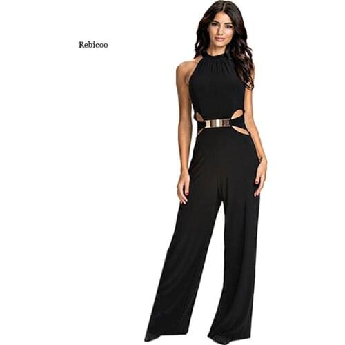 Lady Sexy Jumpsuits Hollow Out Women Elegant Black Set Sleeveless Loose Pants Jumpsuit New