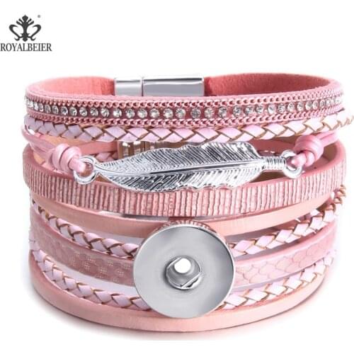 ROYALBEIER Adjustable Multi-layer Wrist Leather Bracelet Fit 18mm Snap Button Band Bracelet Ladies Men Charms Accessories