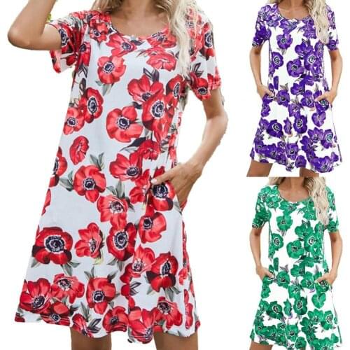 Summer Women Dress printed flowers Mini Dress Pockets Floral Print Short Sleeves Pockets Above Knee Loose Dress Oversize 2021