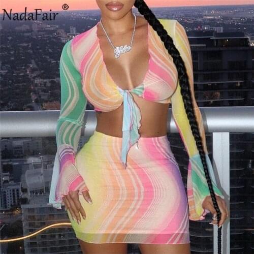 Nadafair Tie Dye Print Sexy Dress Women Two Piece Set Club Outfits Long Sleeve Crop Tops And Mini Skirts Bodycon Summer Dress