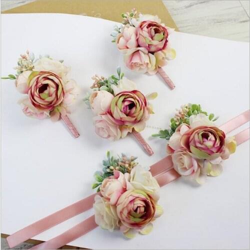 50Pcs DIY pink corsage flower Free shipping bride groom bridesmaids corsage brooch hand wrist flower wedding photography props