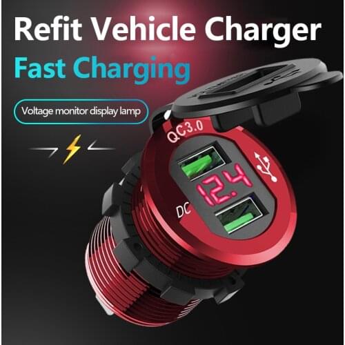 Dual USB QC 3.0 Car Charger Aluminum Socket Power Outlet Charger With Digital Voltage Display For 12V/24V Car Motorcycle