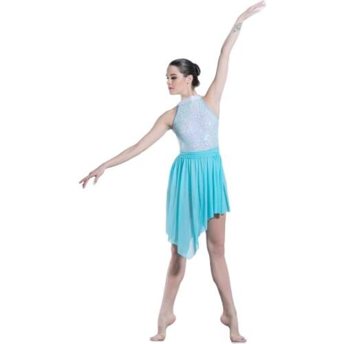 Halter Neck Sky Blue Sequin Lace and Mesh Ballet Dress for Girls & Women Stage Performance Lyrical & Contemporary Costumes 19608