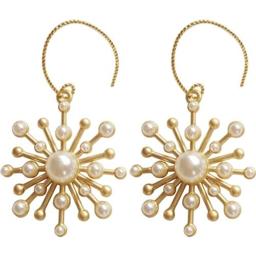 Bohemia Baroque Imitation Pearls Clip On Earrings Statement Gold Color Big Sun Flower Geometric Clip earrings For Women Lady