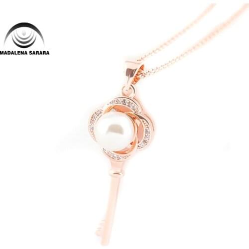 MADALENA SARARA S925 AAA Freshwater Pearl Inlaid Pendant Sterling Silver Chain Necklace AAAA Zircon Long Key Style