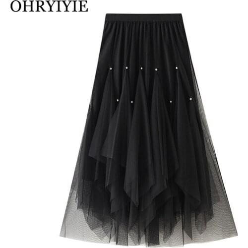 OHRYIYIE Black Irregular Midi Long Tulle Skirt Women High Waist Maxi Skirts Female Korean Fashion Rivet Skirt Faldas Jupe Femme