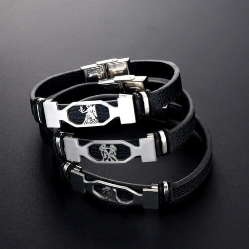 Black Color Zodiac Logo Animal Engrave Leather Bangle Bracelet constellation Stainless Steel Bracelets Birthday Gift For Women