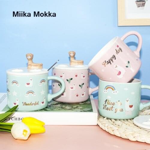 Milk Cup Breakfast Cup Hot Selling Alpaca Rainbow Ins Wind Mug Japanese Ceramic Cup Cactus Cartoon Mug Coffee Cup Mug with Lid