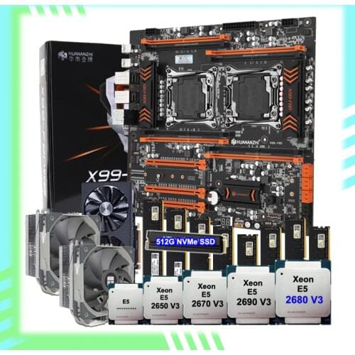 HUANANZHI X99-F8D Dual CPU Motherboard 512G M.2 SSD 2 CPU Xeon 2680 V3 CPU Coolers 128G RAM DDR4 2400 Video Card RX6700XT 12G