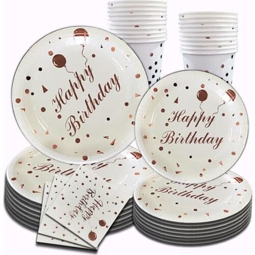 Sweet Birthday Party Decor Rose Gold Happy Birthday Tableware White Party Supplies Gold Birthday Decor Kids Favor Birthday Gift